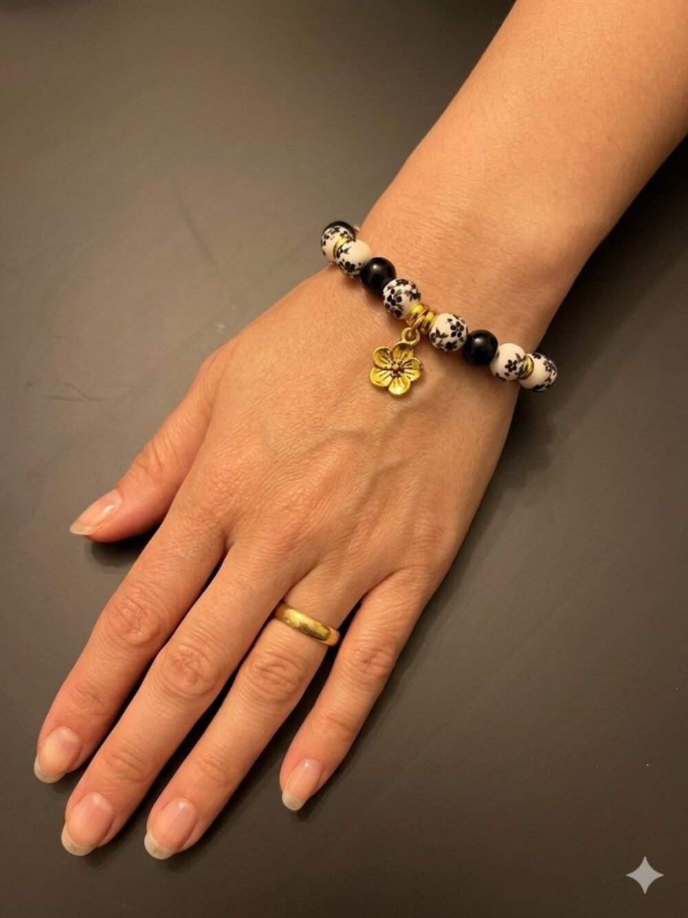 Floral Porcelain & Onyx Black Stretch Bracelet with Gold Cherry Blossom Charm